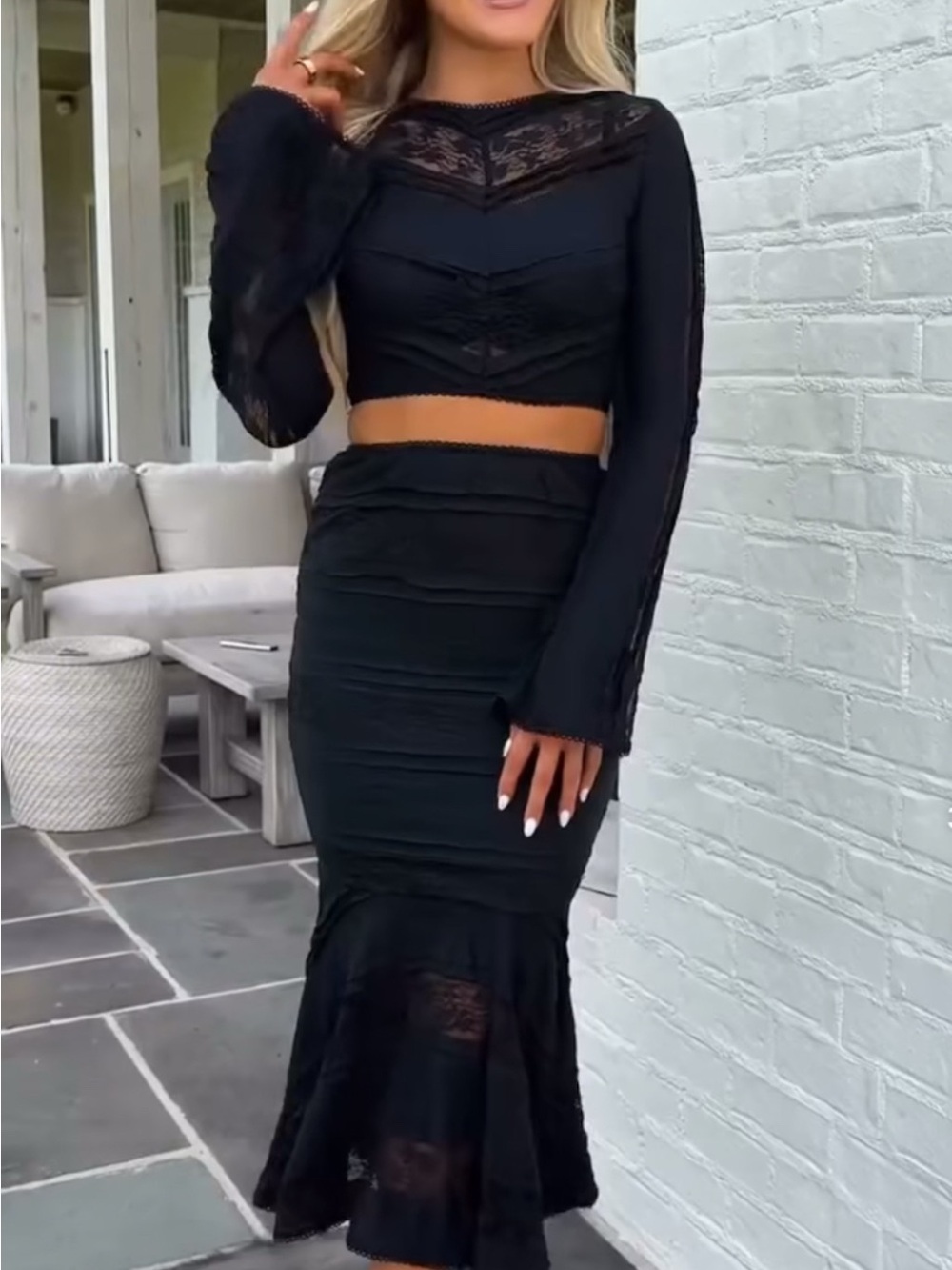 MARBLE from TheseThree Black Lace-Trim Mermaid Midi Skirt Long Sleeve Set